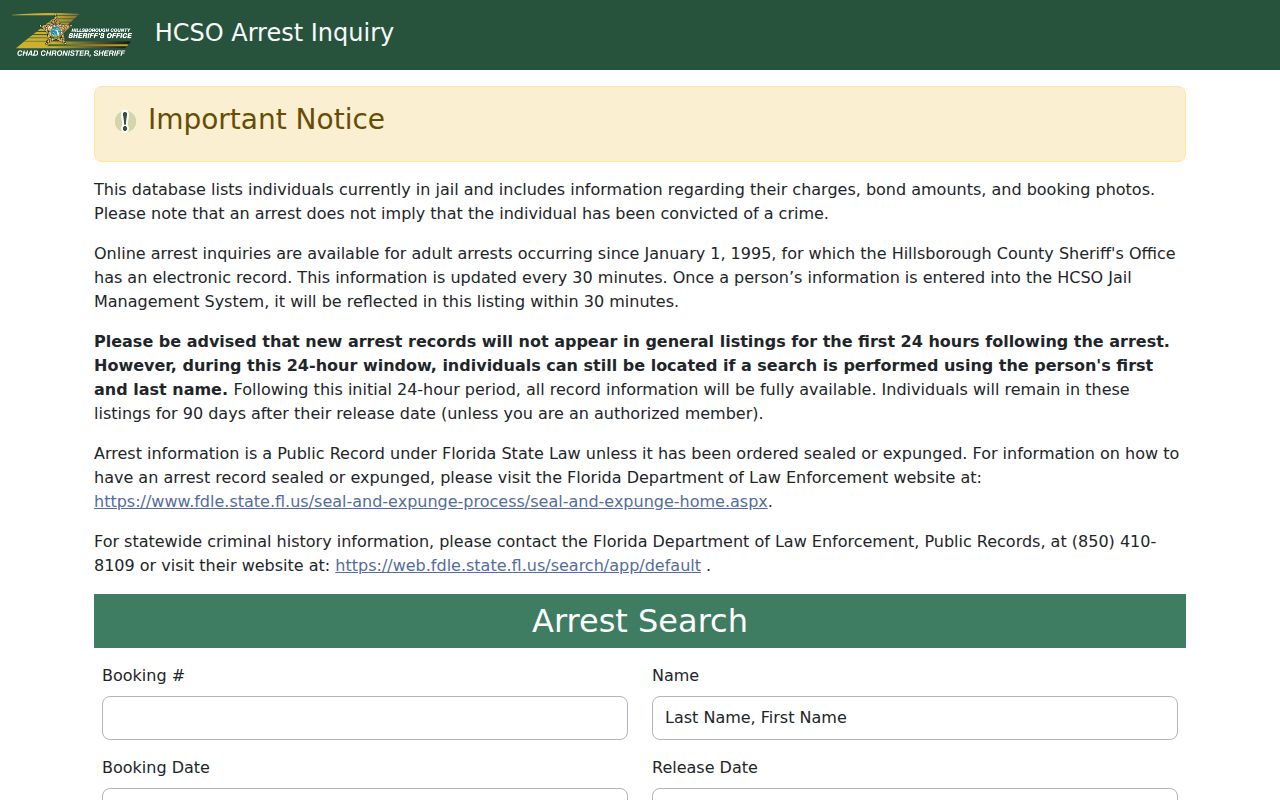 Hillsborough County arrest history booking and release inquiry interface