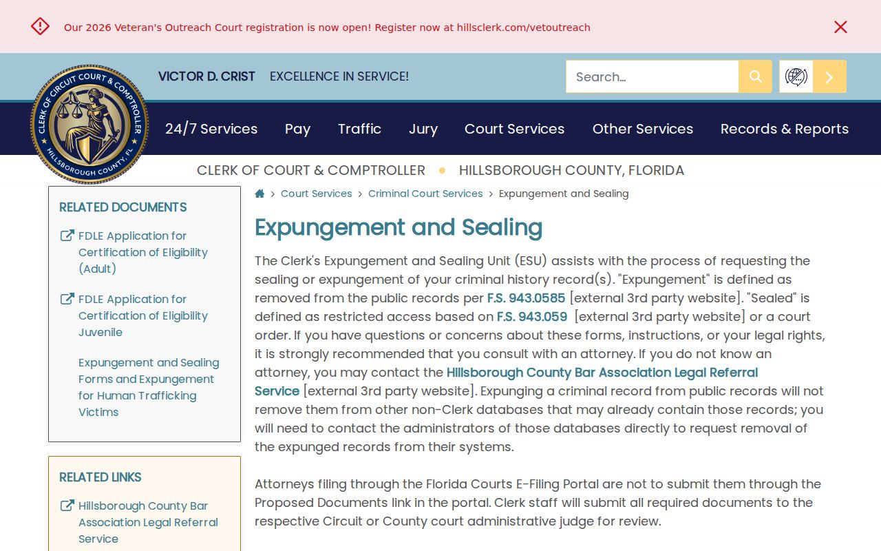 Hillsborough County criminal court case sealing and expunction instructions