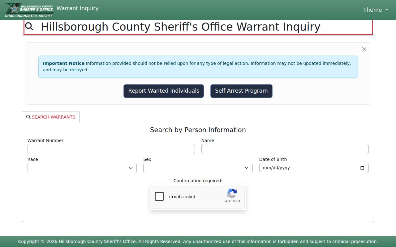 Hillsborough County criminal history official warrant inquiry form